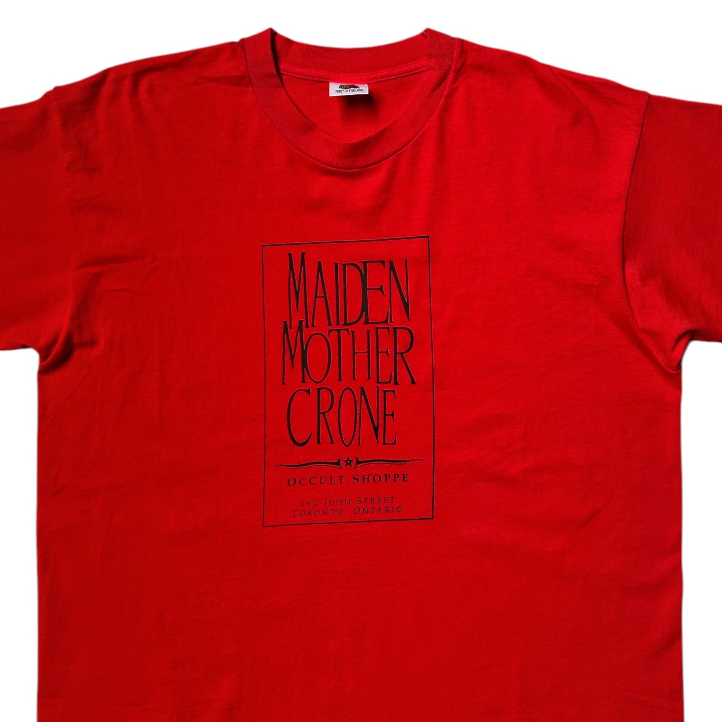 90s vintage "Maiden Mother Crone" occult shop t-shirt.