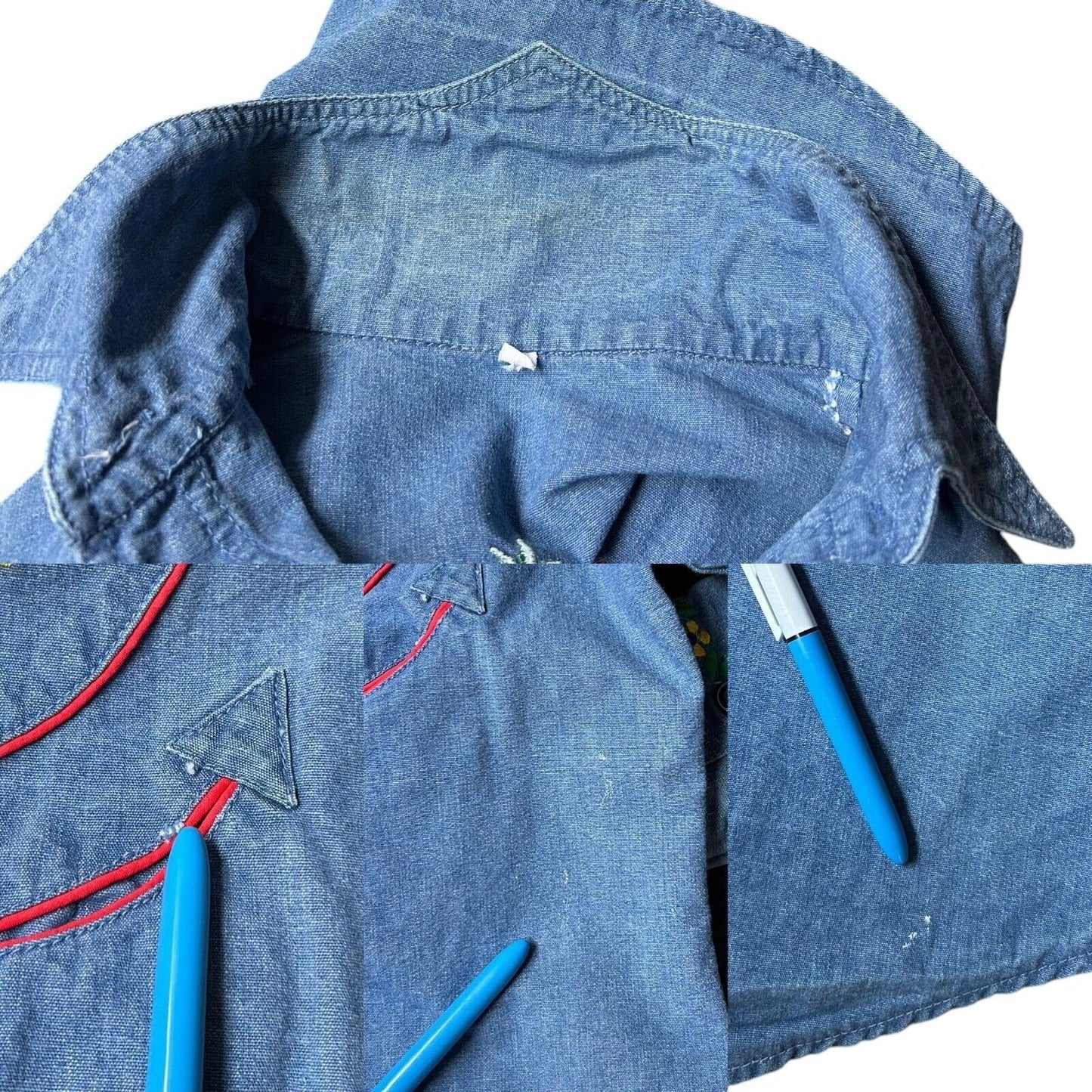 70s vintage embroidered denim shirt with pointed dagger collar.