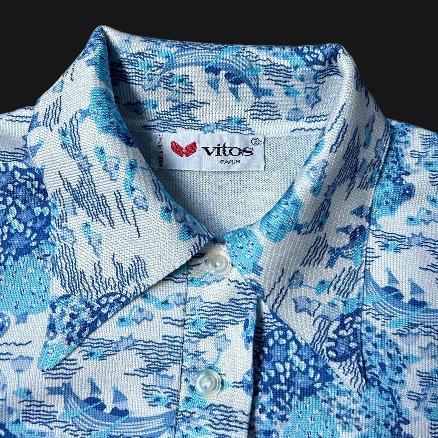 70s vintage water boat novelty print polo shirt pointed collar short sleeve.