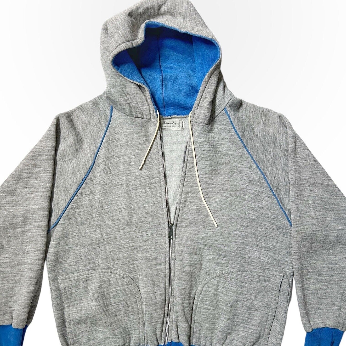 70s Vintage Grey Zip Up Hooded Sweatshirt by Scrambler.