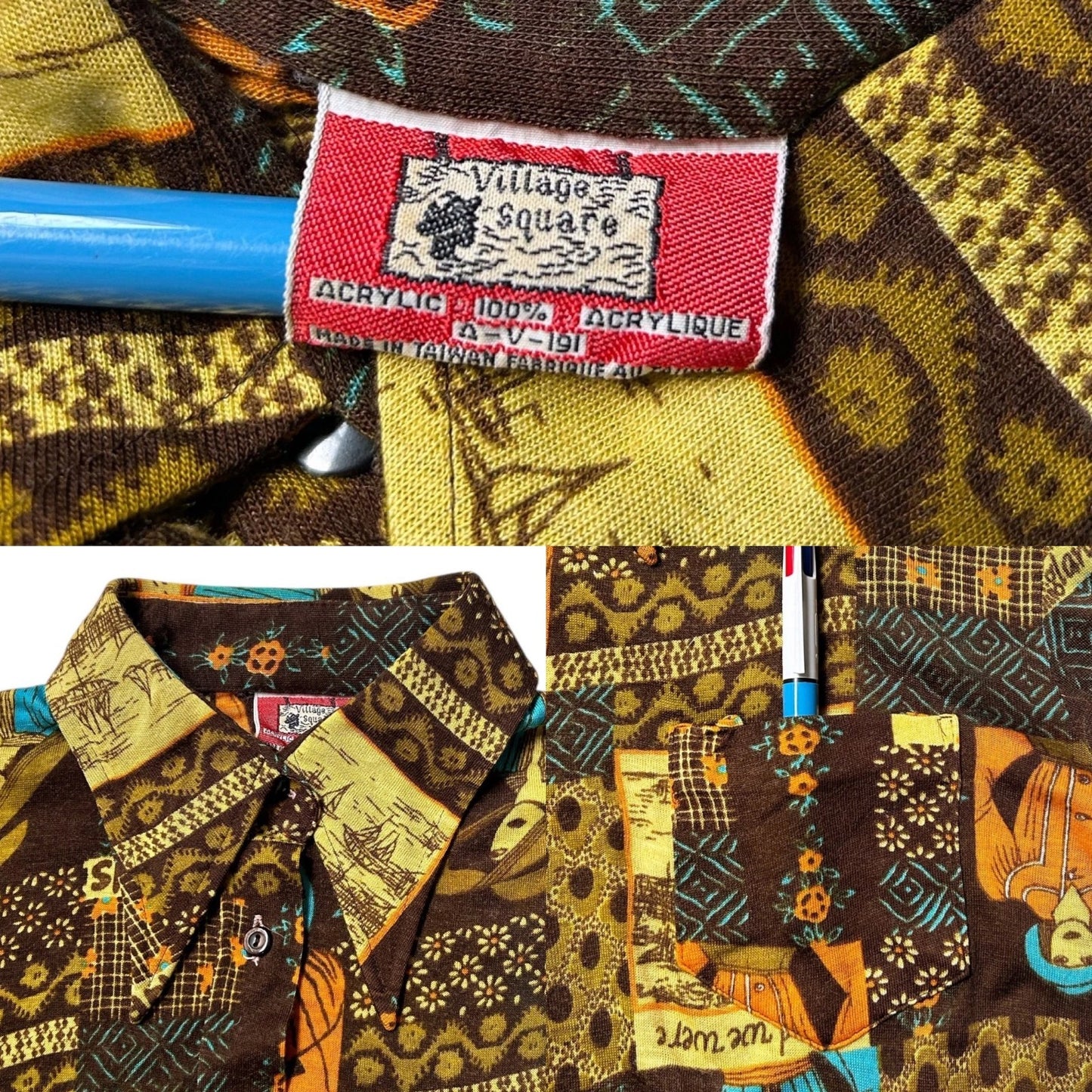 70s Vintage Novelty Print Collage Blouse.