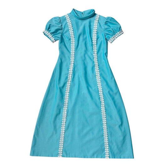 70s vintage puff sleeve midi dress.