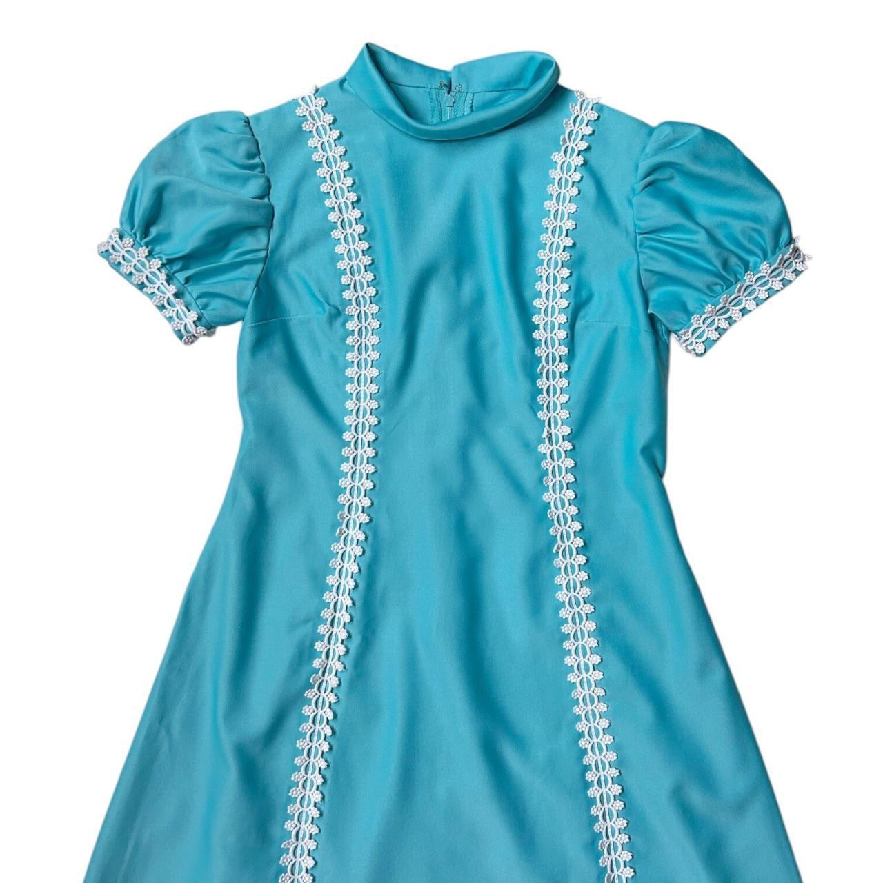 70s vintage puff sleeve midi dress.