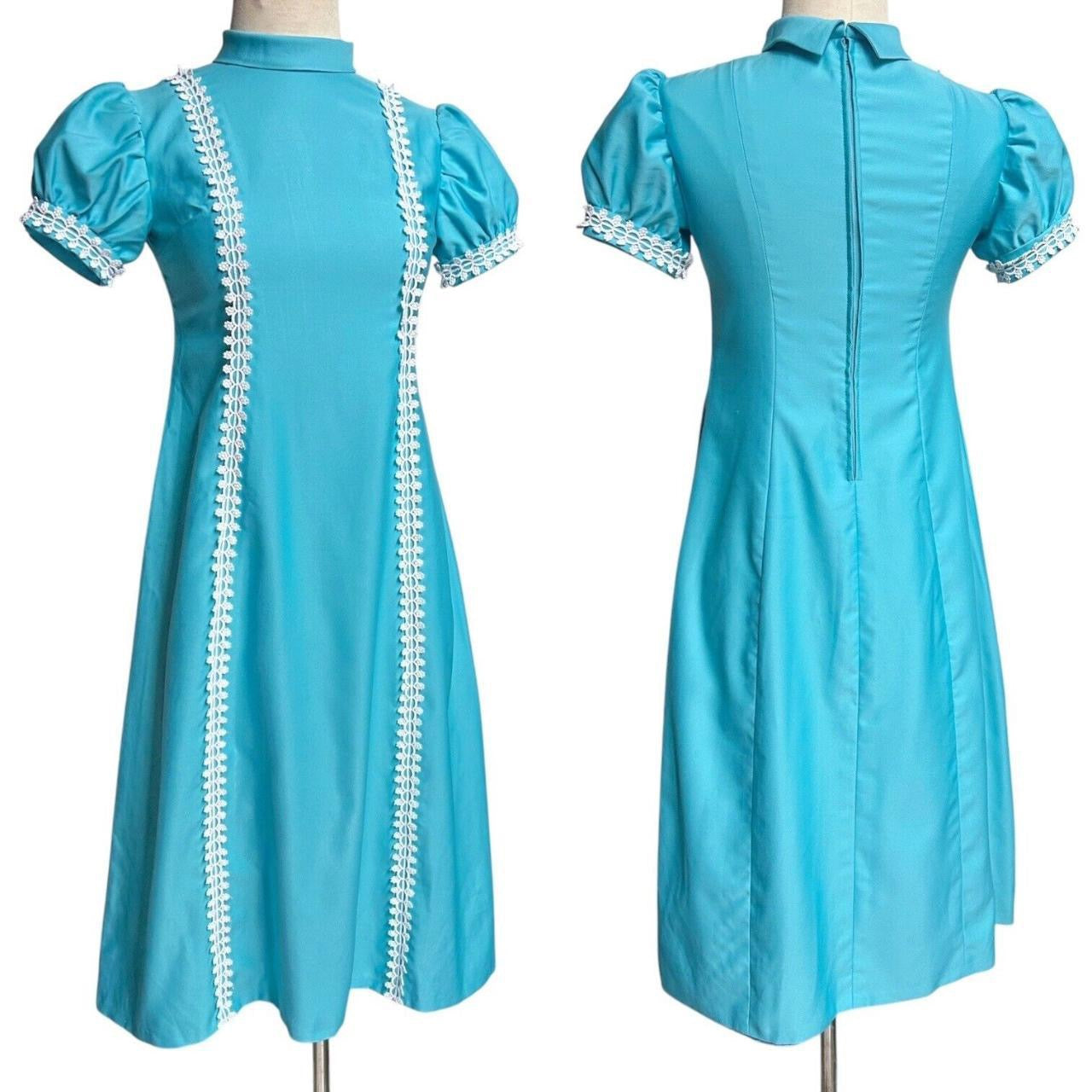 70s vintage puff sleeve midi dress.