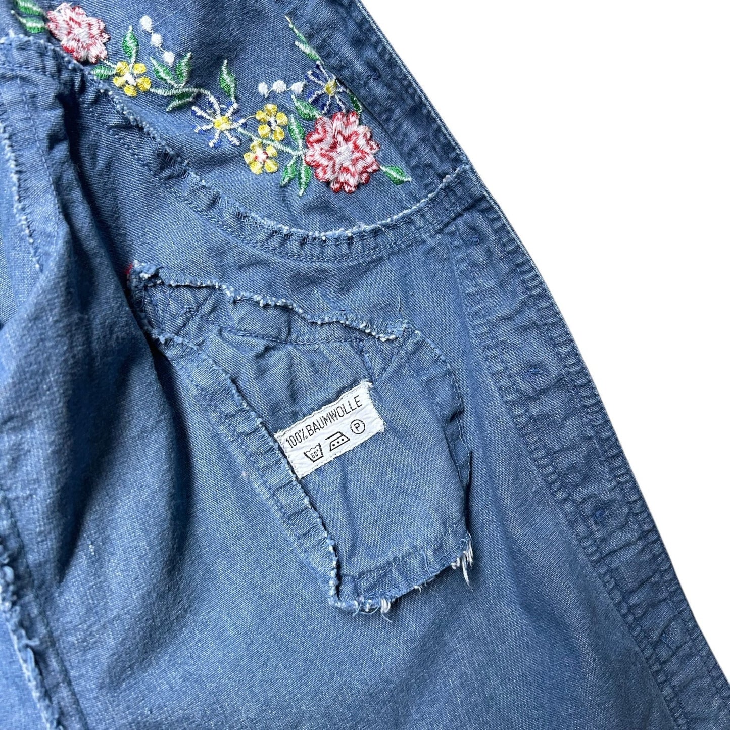 70s vintage embroidered denim shirt with pointed dagger collar.