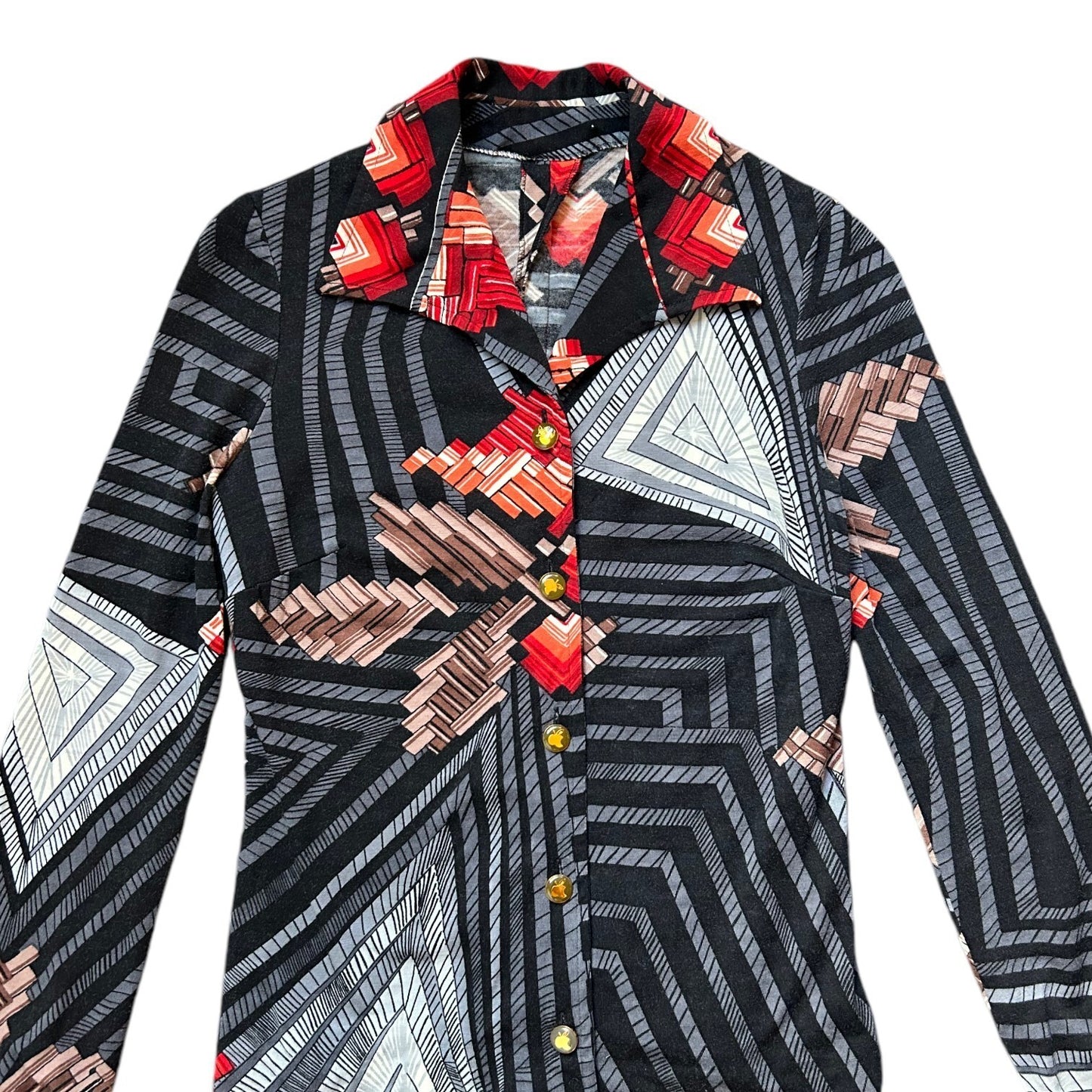 70s vintage geometric print wool blouse Faber futurist art pattern Italy.