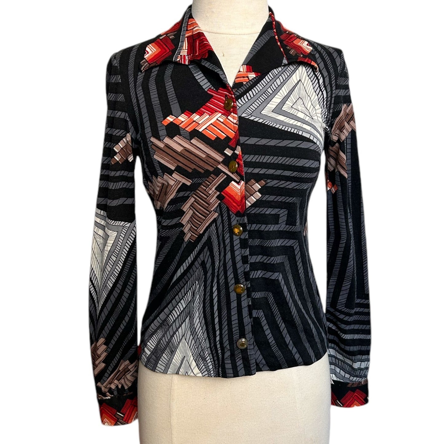 70s vintage geometric print wool blouse Faber futurist art pattern Italy.