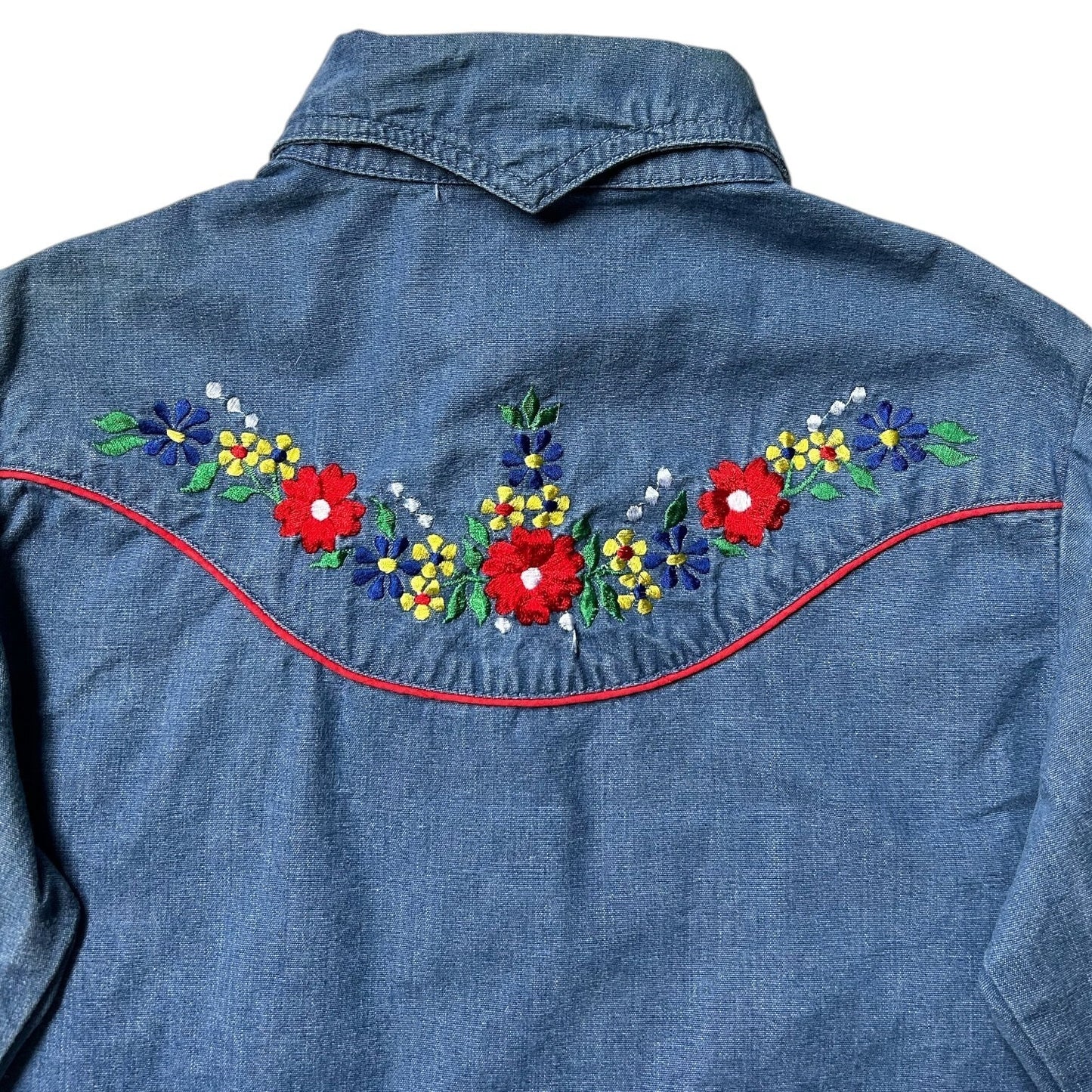 70s vintage embroidered denim shirt with pointed dagger collar.