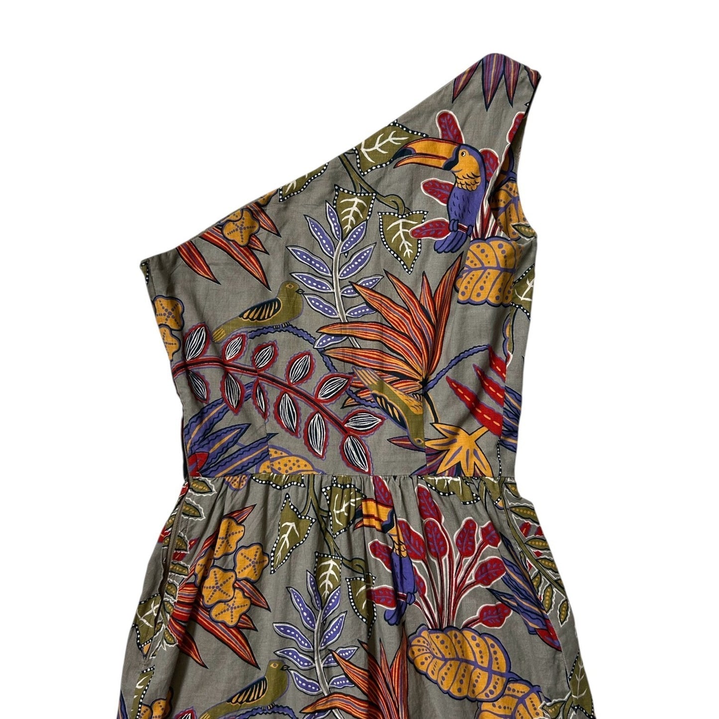 70s vintage tropical novelty print one shoulder dress.