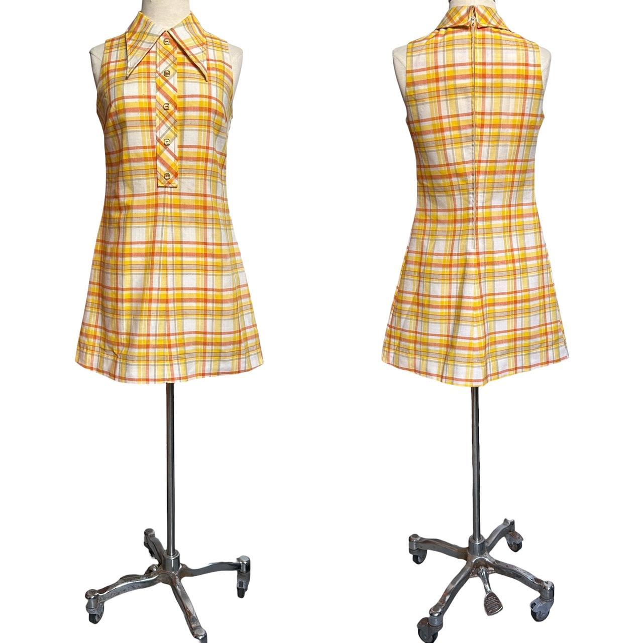 70s vintage plaid mini dress with pointed collar.