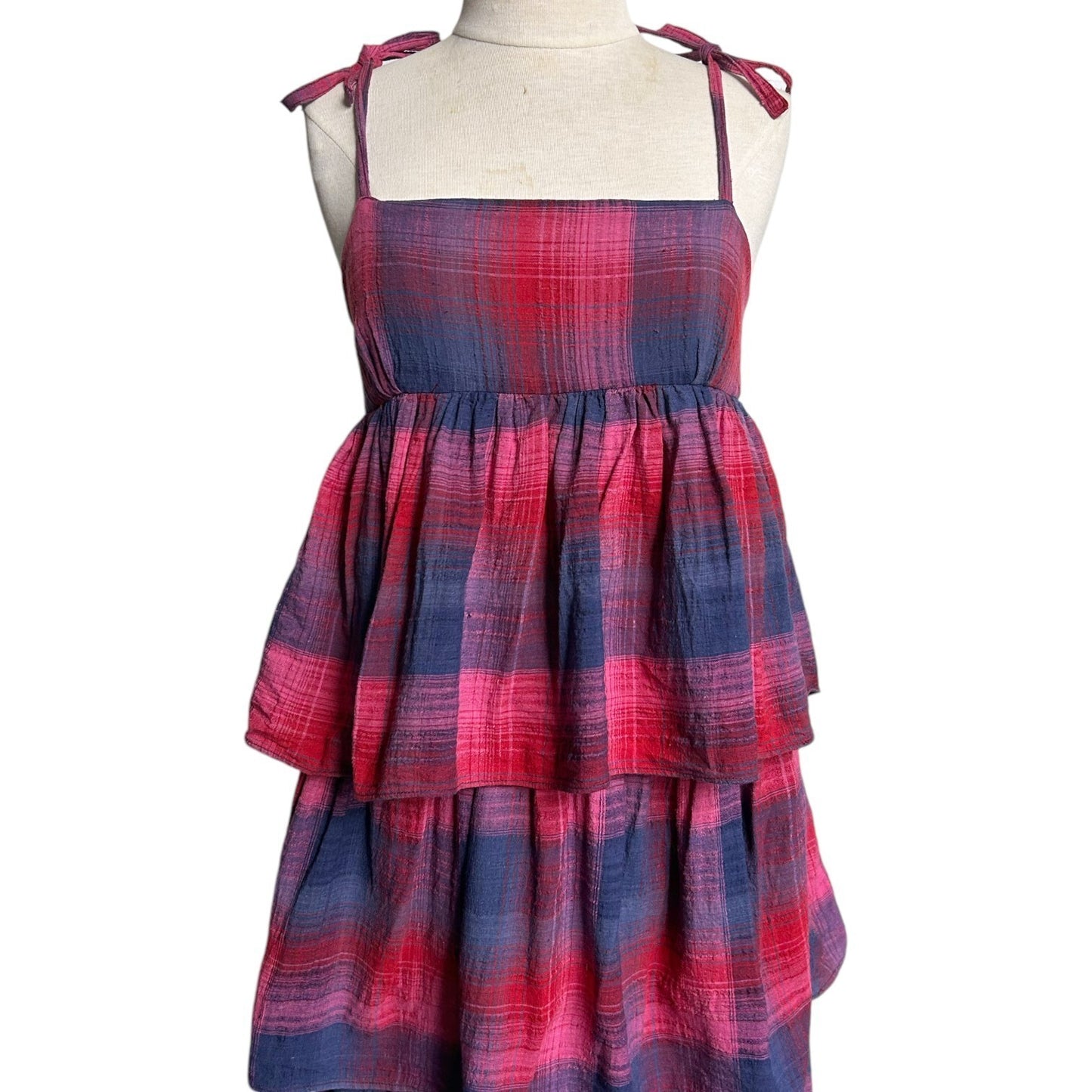70s vintage tiered boho dress tent shift sleeveless tie strap midi plaid ruffle.
