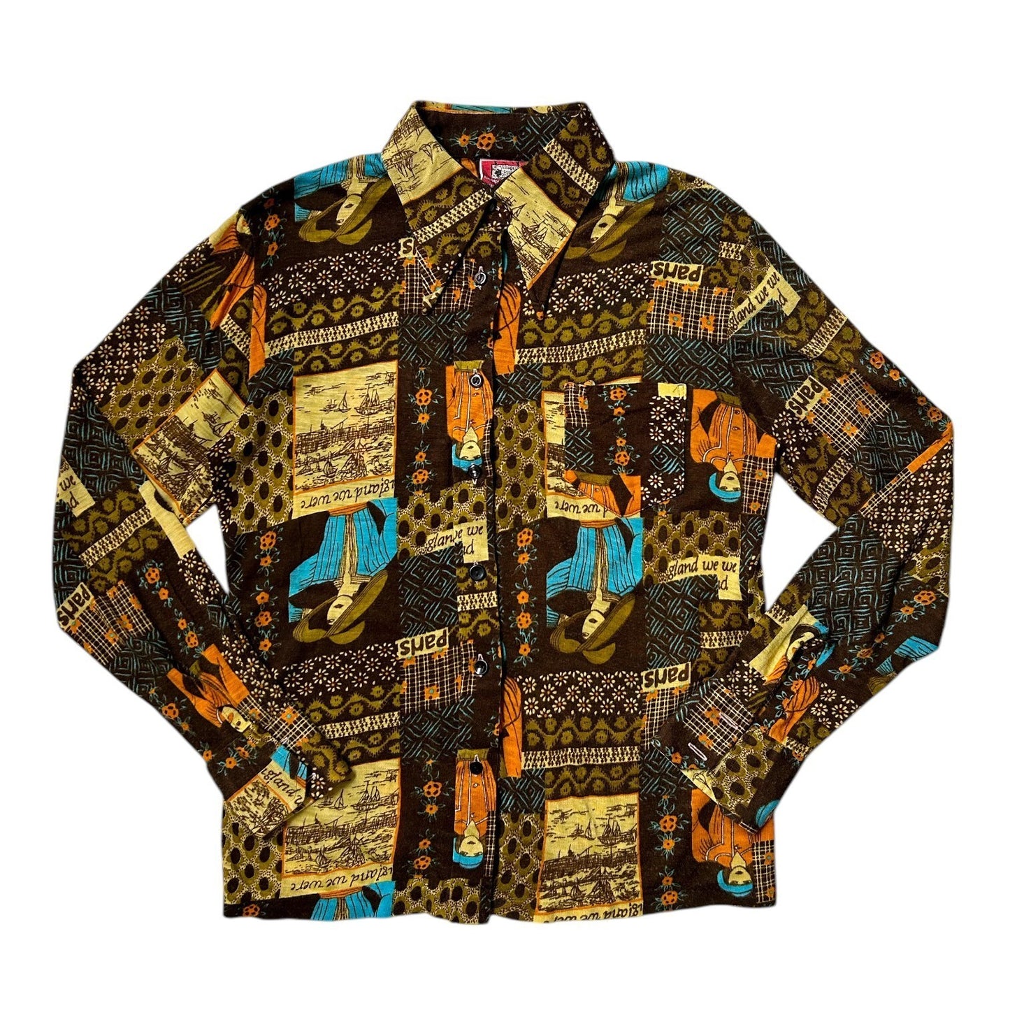 70s Vintage Novelty Print Collage Blouse.