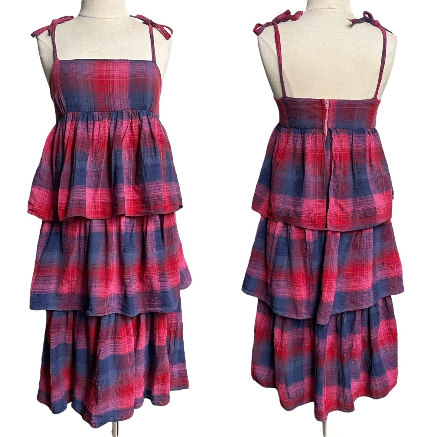 70s vintage tiered boho dress tent shift sleeveless tie strap midi plaid ruffle.