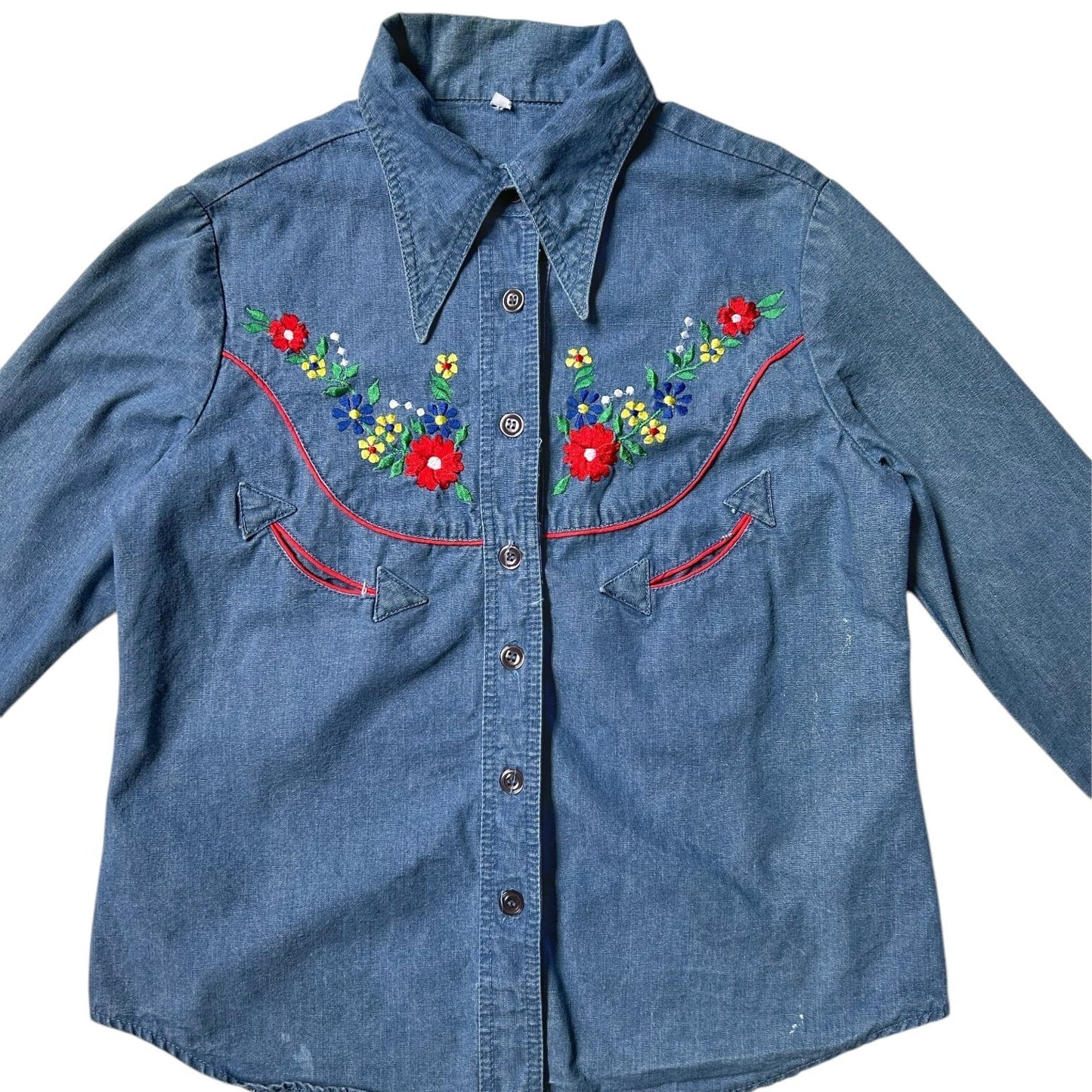 70s vintage embroidered denim shirt with pointed dagger collar.