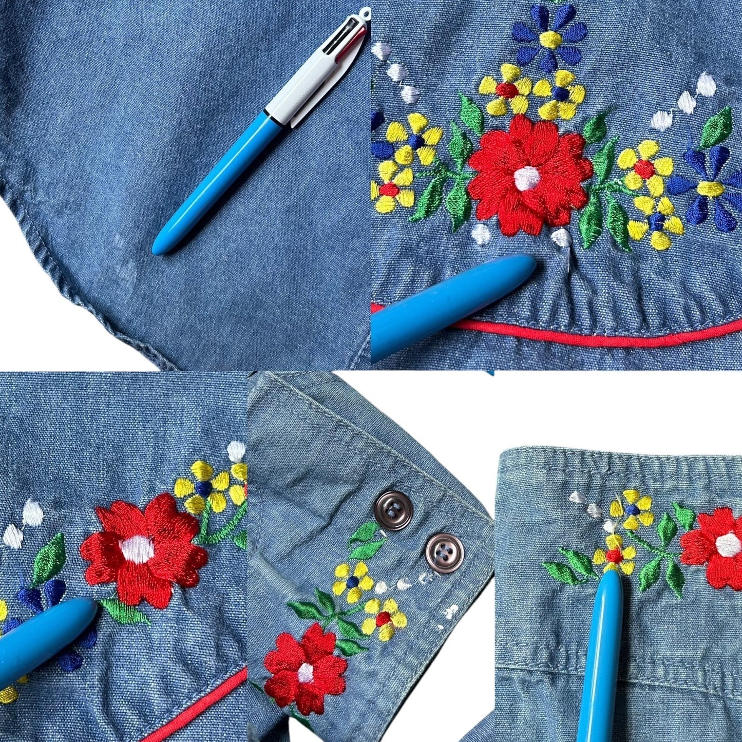 70s vintage embroidered denim shirt with pointed dagger collar.
