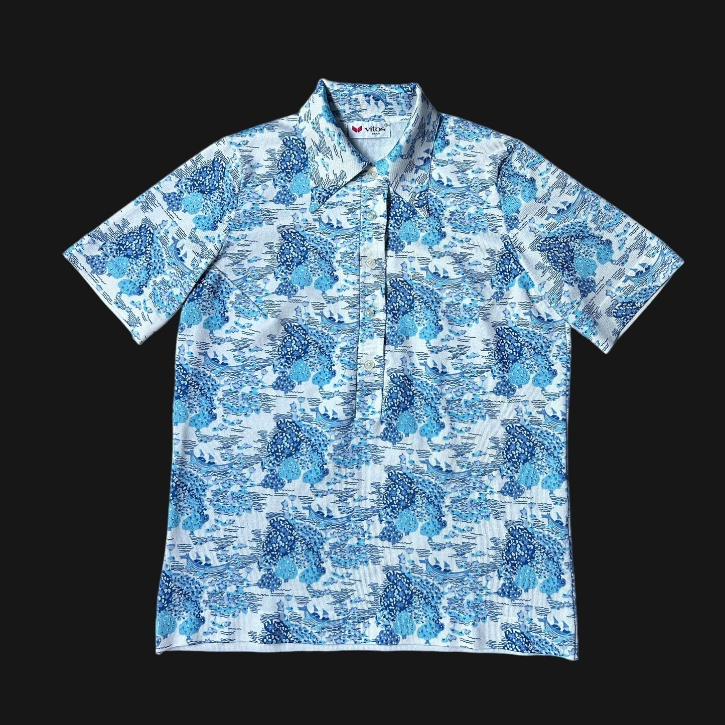 70s vintage water boat novelty print polo shirt pointed collar short sleeve.