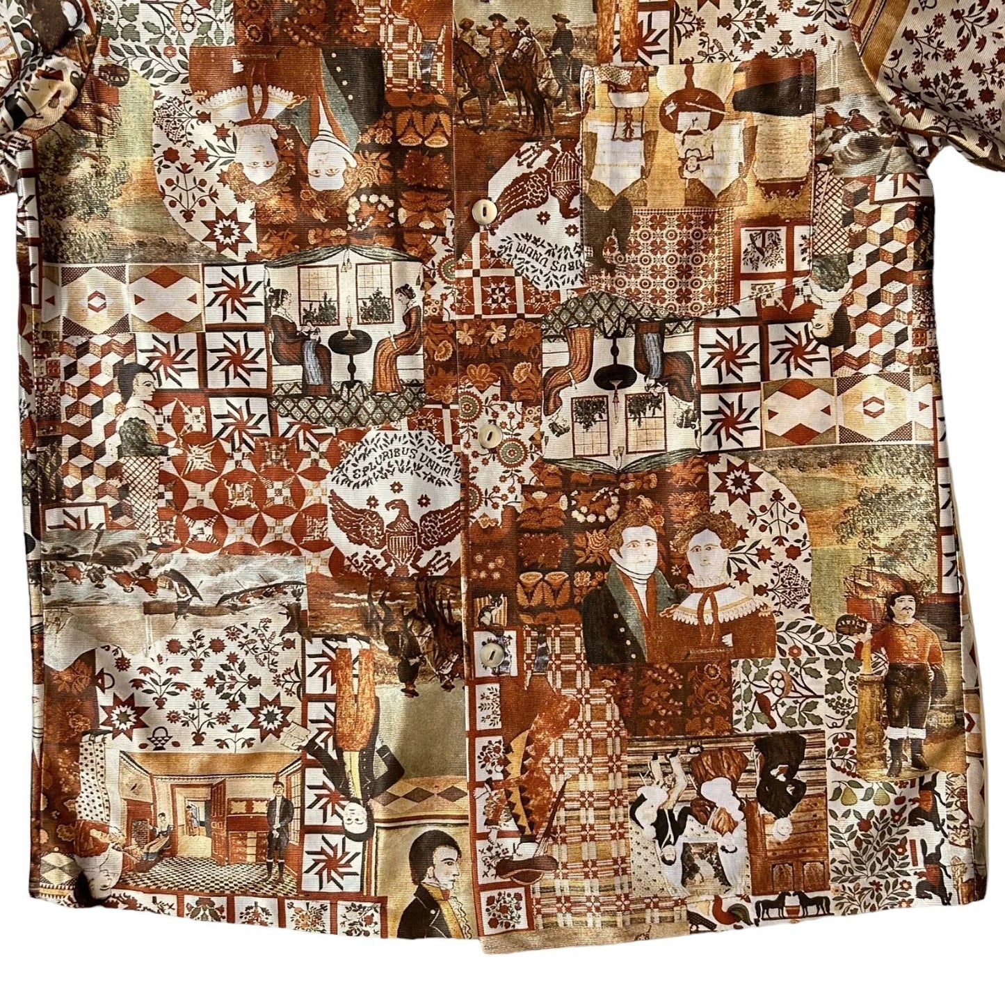 70s Vintage Novelty Print Folk Art Collage Shirt.