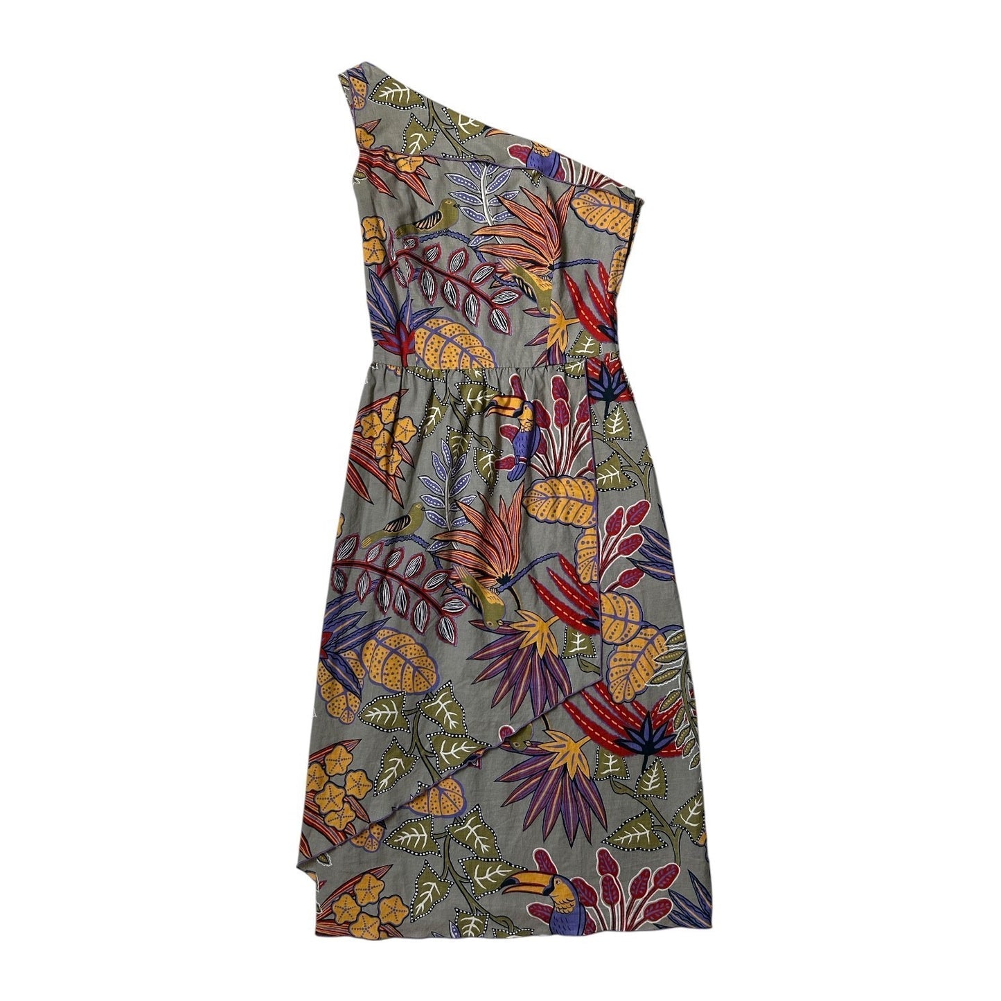 70s vintage tropical novelty print one shoulder dress.