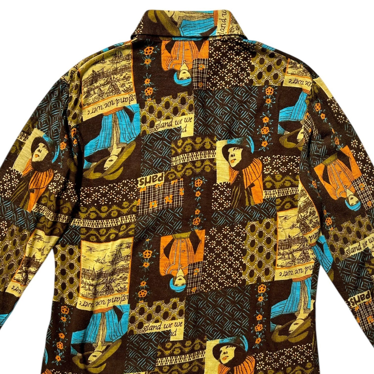 70s Vintage Novelty Print Collage Blouse.