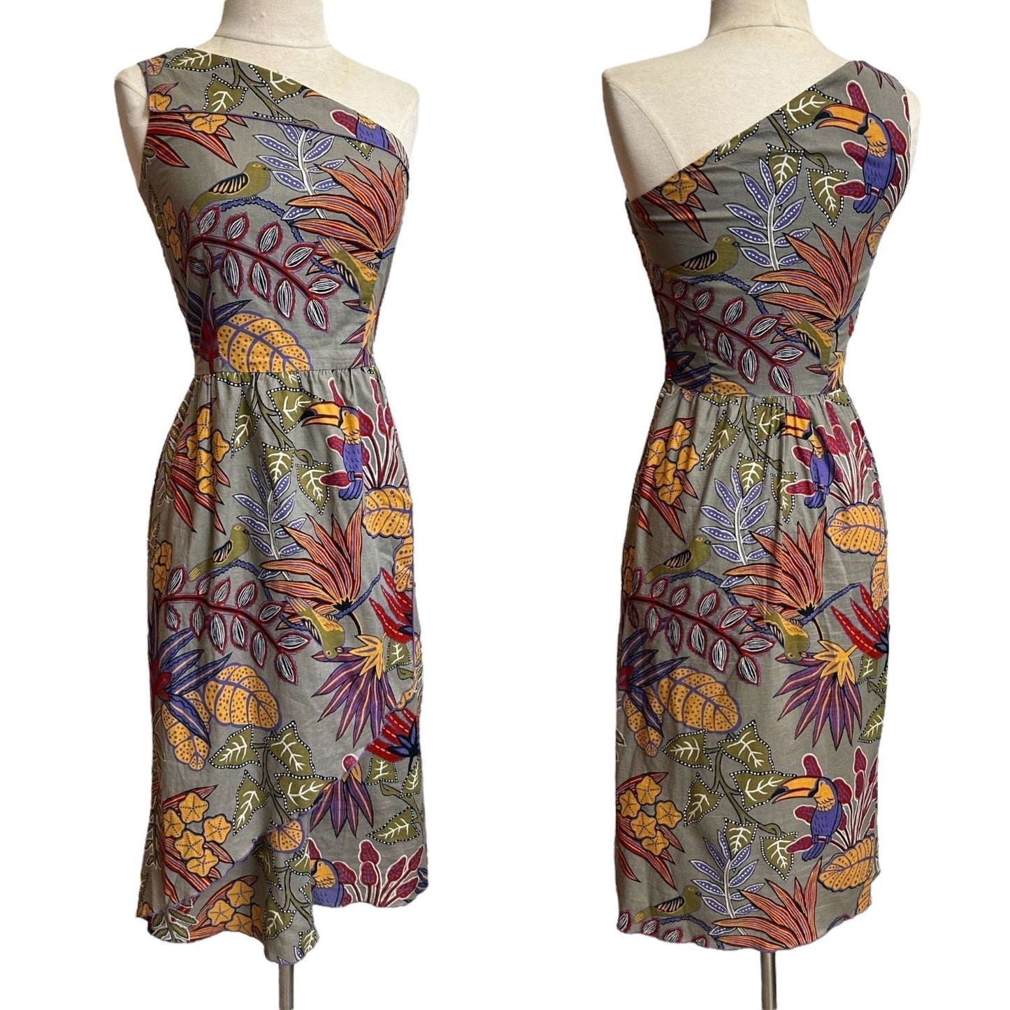 70s vintage tropical novelty print one shoulder dress.