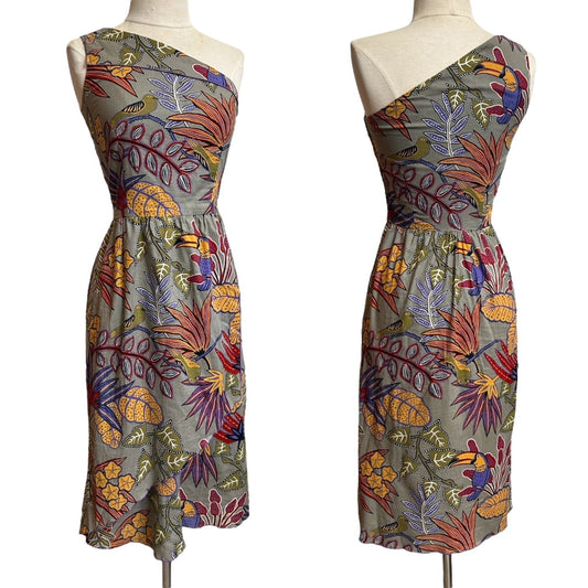 70s vintage tropical novelty print one shoulder dress.