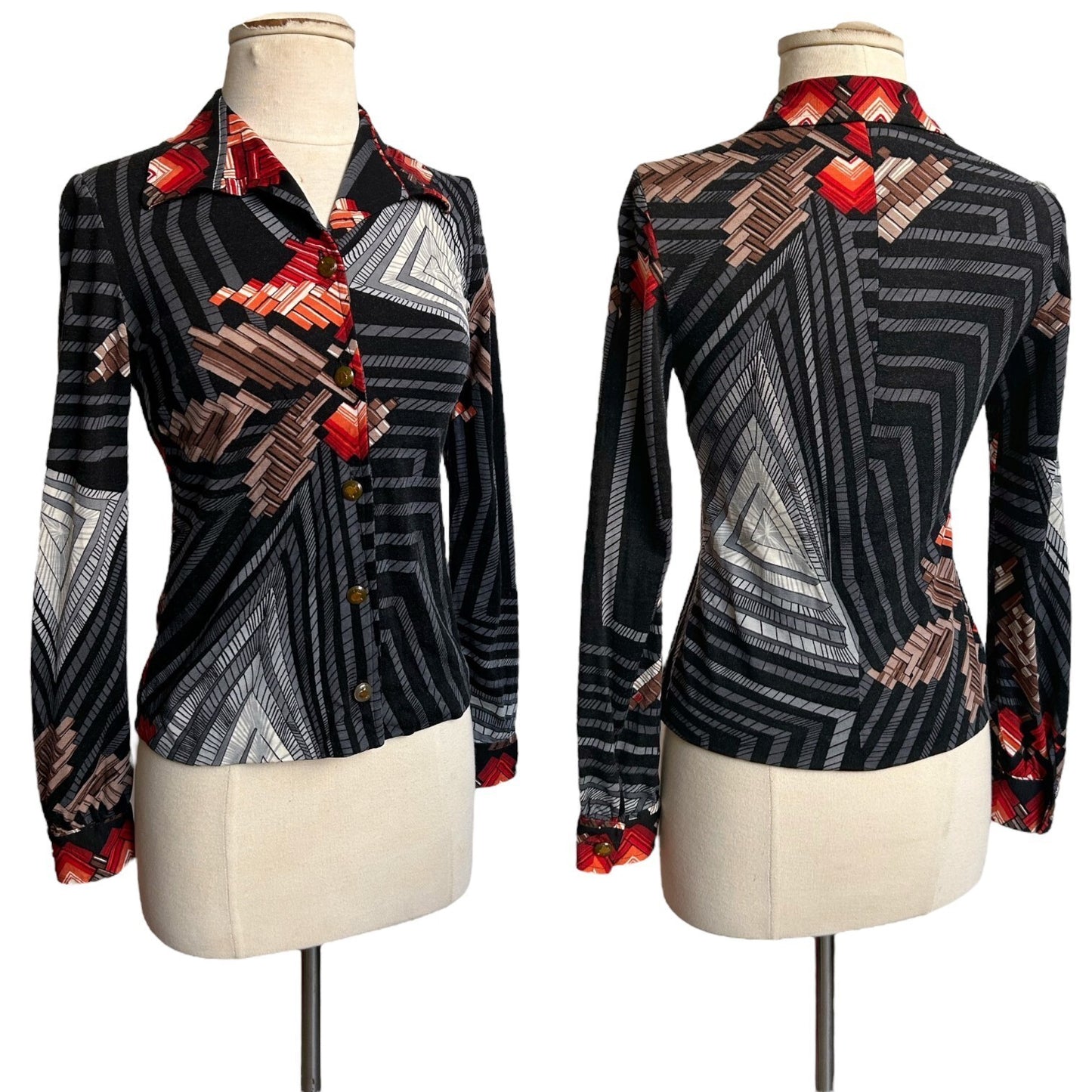 70s vintage geometric print wool blouse Faber futurist art pattern Italy.