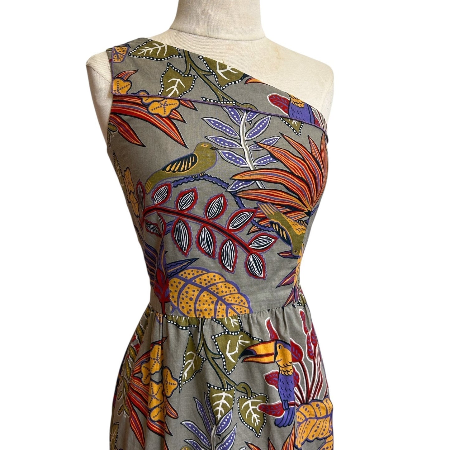 70s vintage tropical novelty print one shoulder dress.