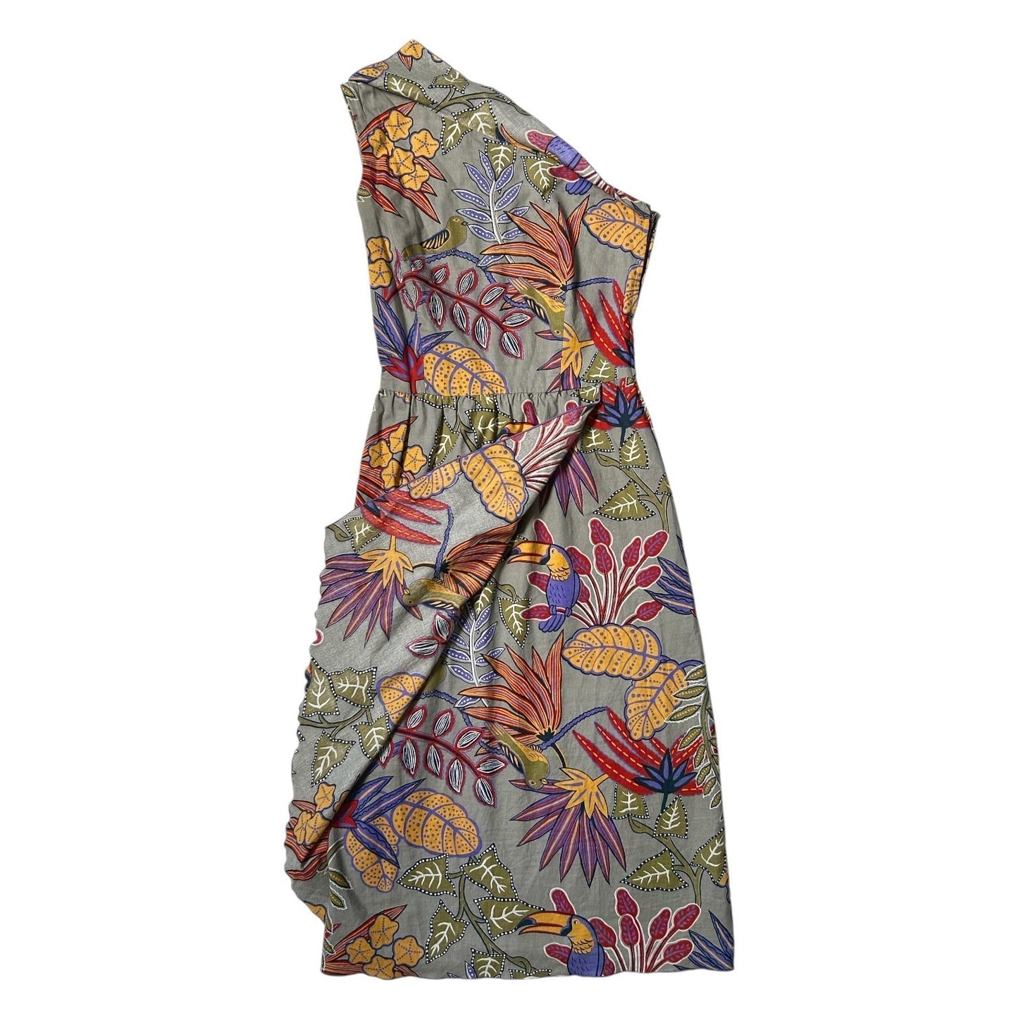 70s vintage tropical novelty print one shoulder dress.