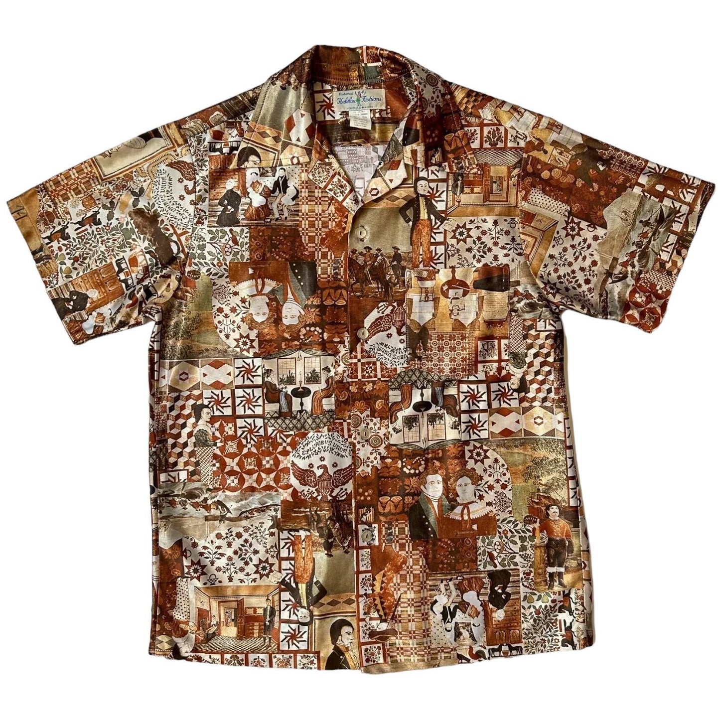 70s Vintage Novelty Print Folk Art Collage Shirt.