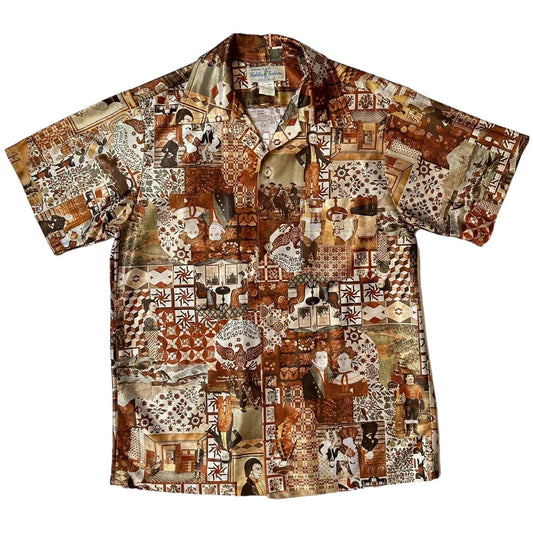 70s Vintage Novelty Print Folk Art Collage Shirt.