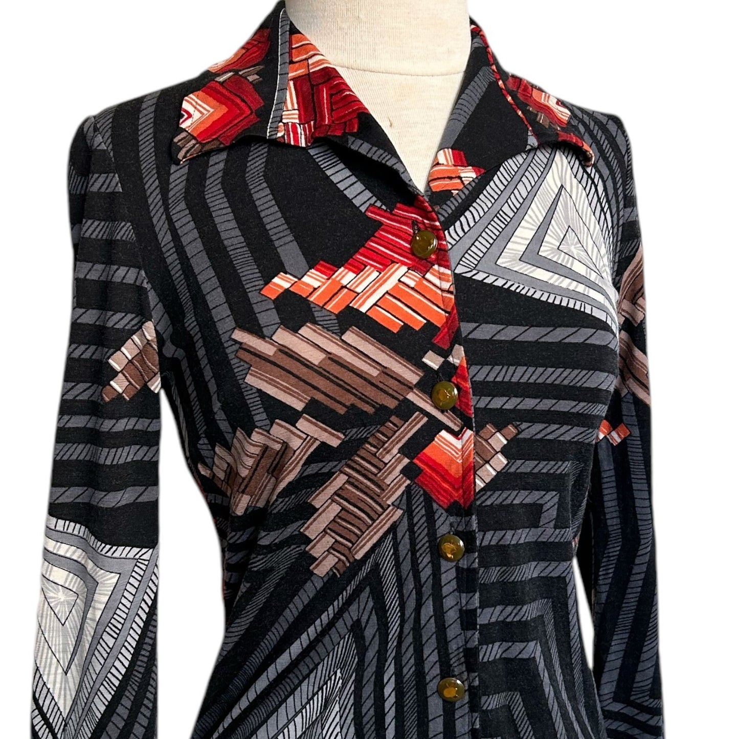70s vintage geometric print wool blouse Faber futurist art pattern Italy.