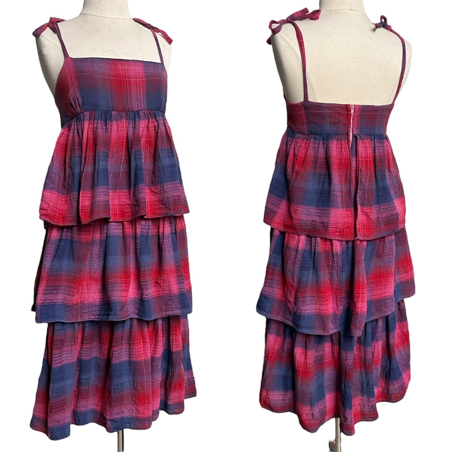 70s vintage tiered boho dress tent shift sleeveless tie strap midi plaid ruffle.