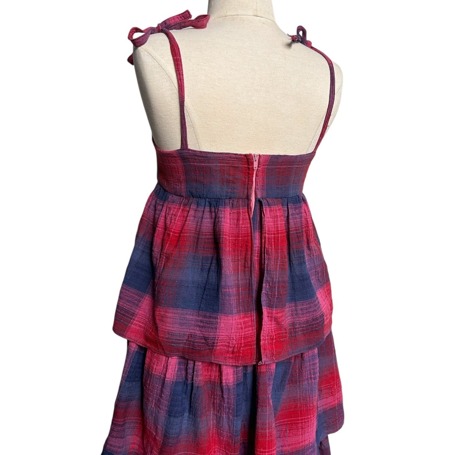70s vintage tiered boho dress tent shift sleeveless tie strap midi plaid ruffle.