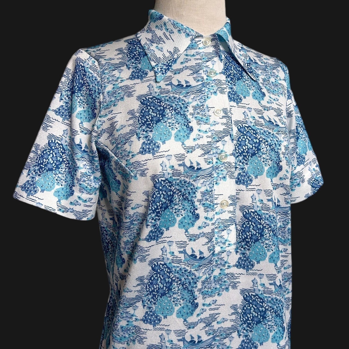 70s vintage water boat novelty print polo shirt pointed collar short sleeve.