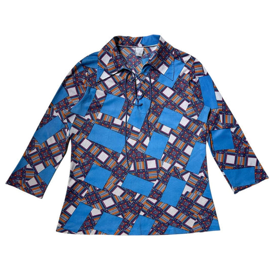 70s vintage pointed collar patchwork pattern top.