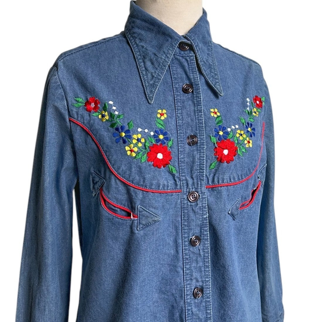 70s vintage embroidered denim shirt with pointed dagger collar.