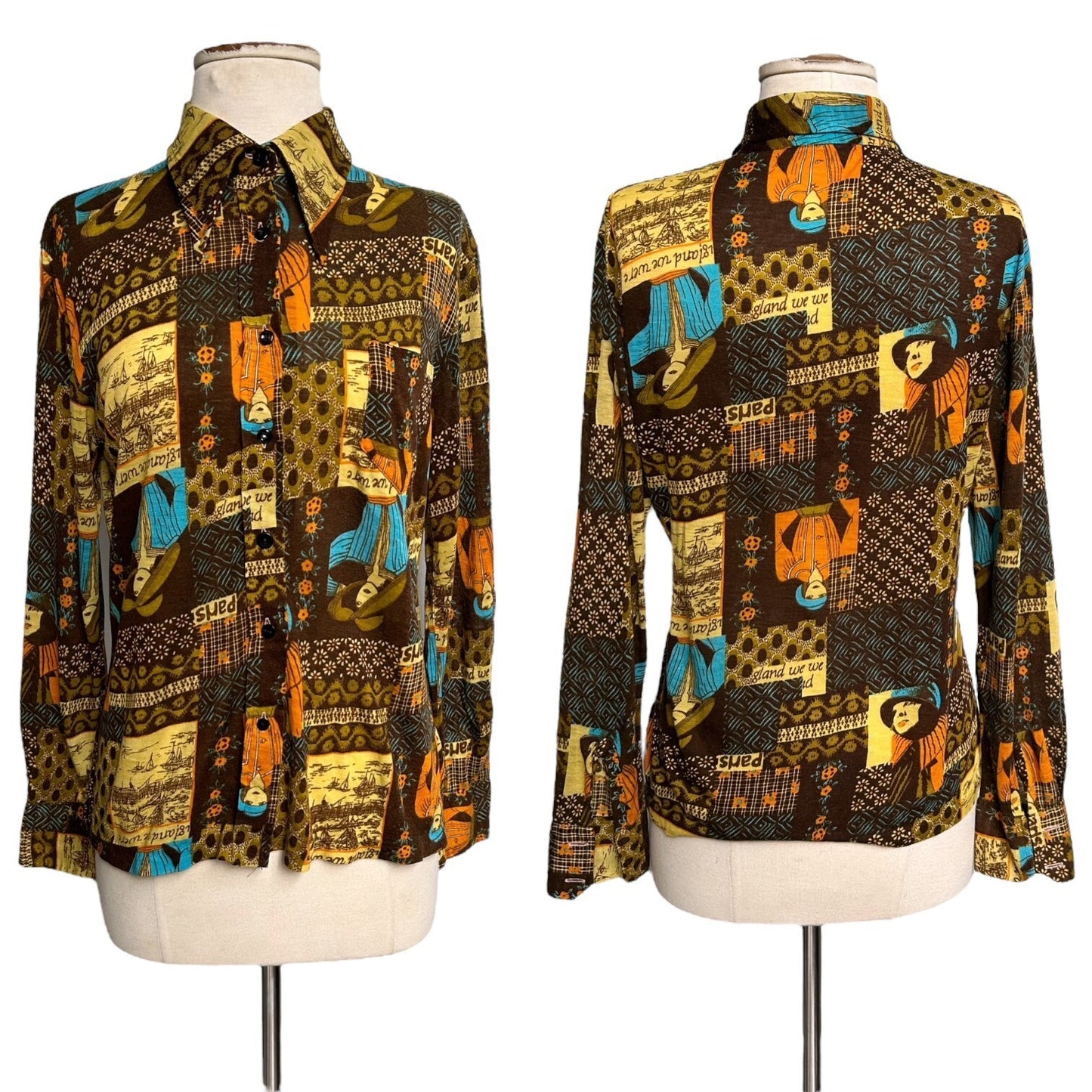 70s Vintage Novelty Print Collage Blouse.