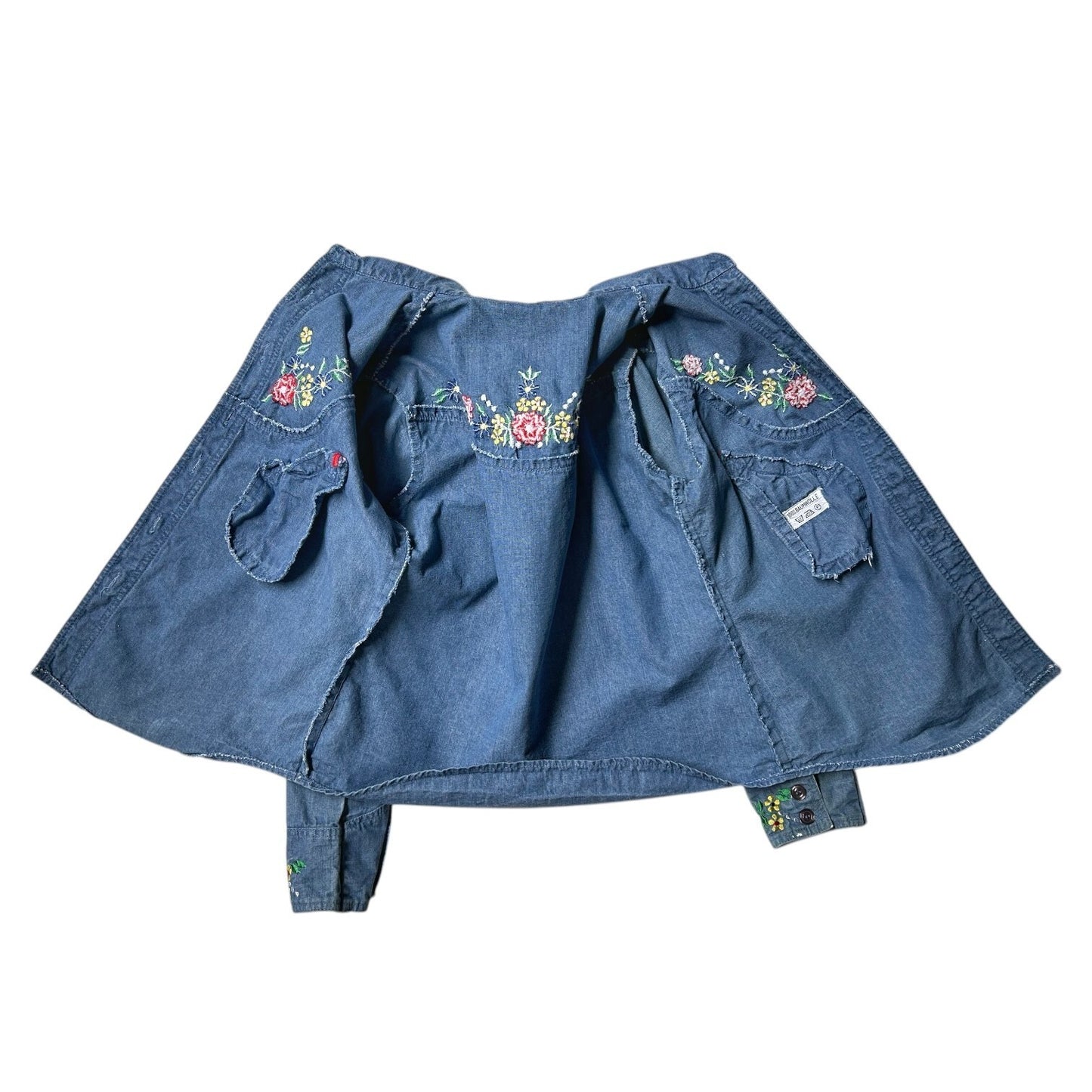 70s vintage embroidered denim shirt with pointed dagger collar.