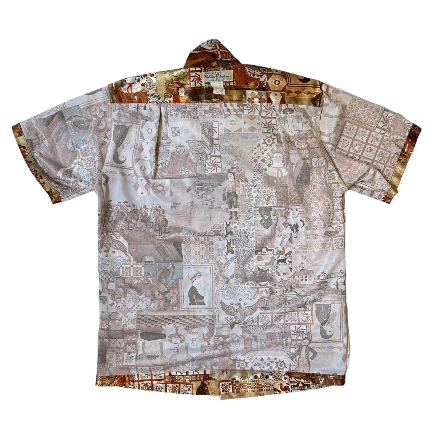70s Vintage Novelty Print Folk Art Collage Shirt.