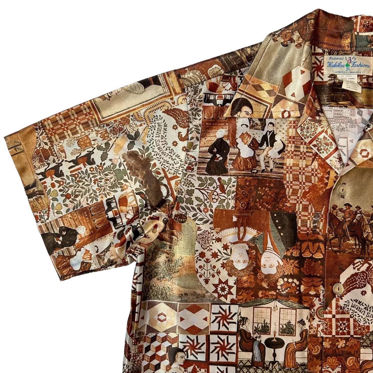 70s Vintage Novelty Print Folk Art Collage Shirt.