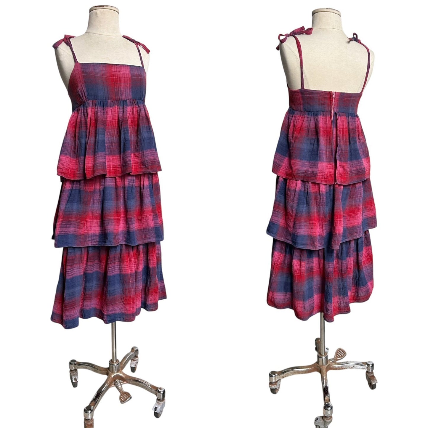 70s vintage tiered boho dress tent shift sleeveless tie strap midi plaid ruffle.