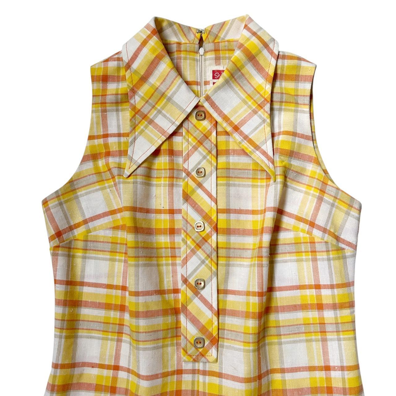 70s vintage plaid mini dress with pointed collar.