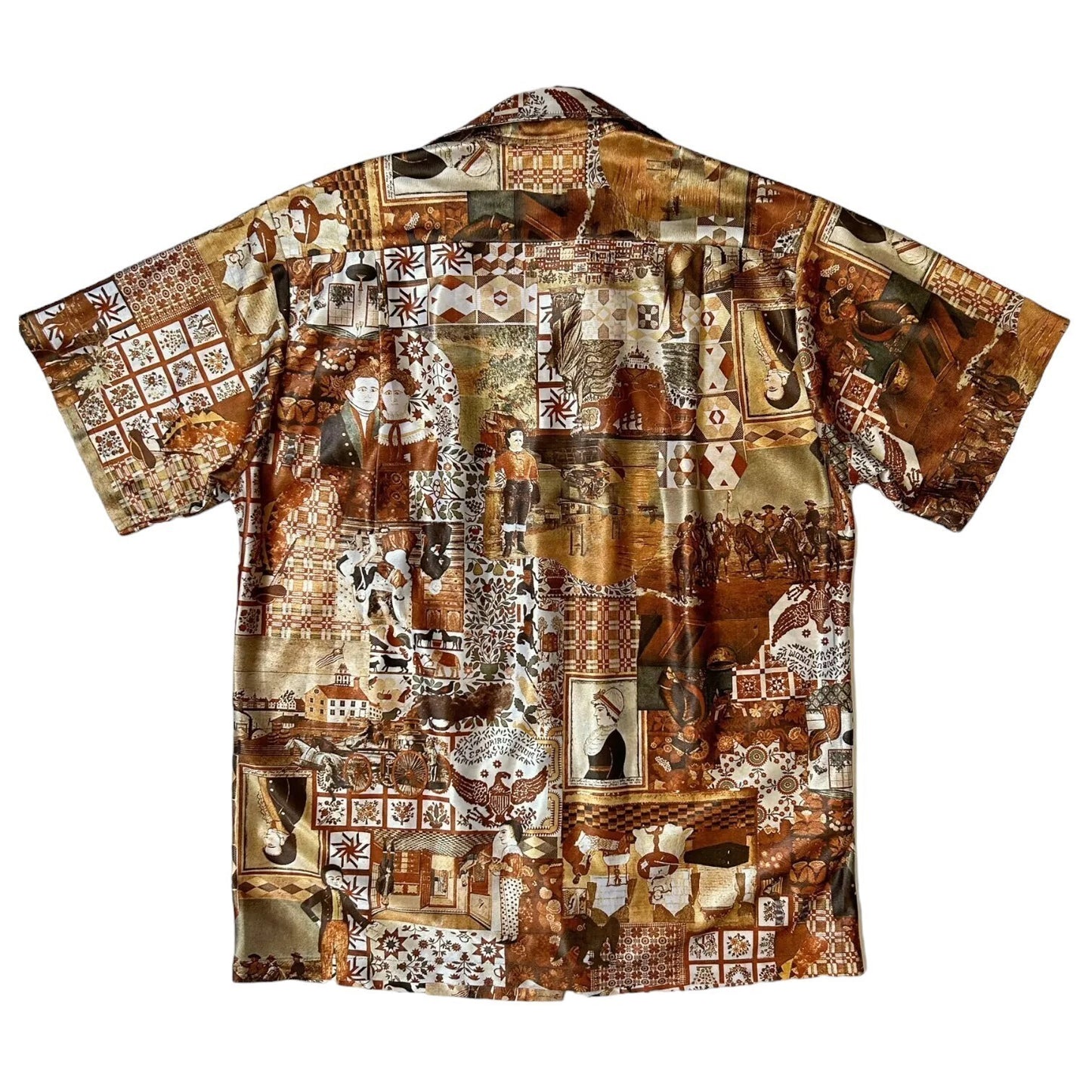 70s Vintage Novelty Print Folk Art Collage Shirt.