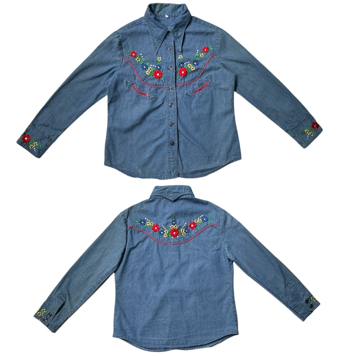 70s vintage embroidered denim shirt with pointed dagger collar.