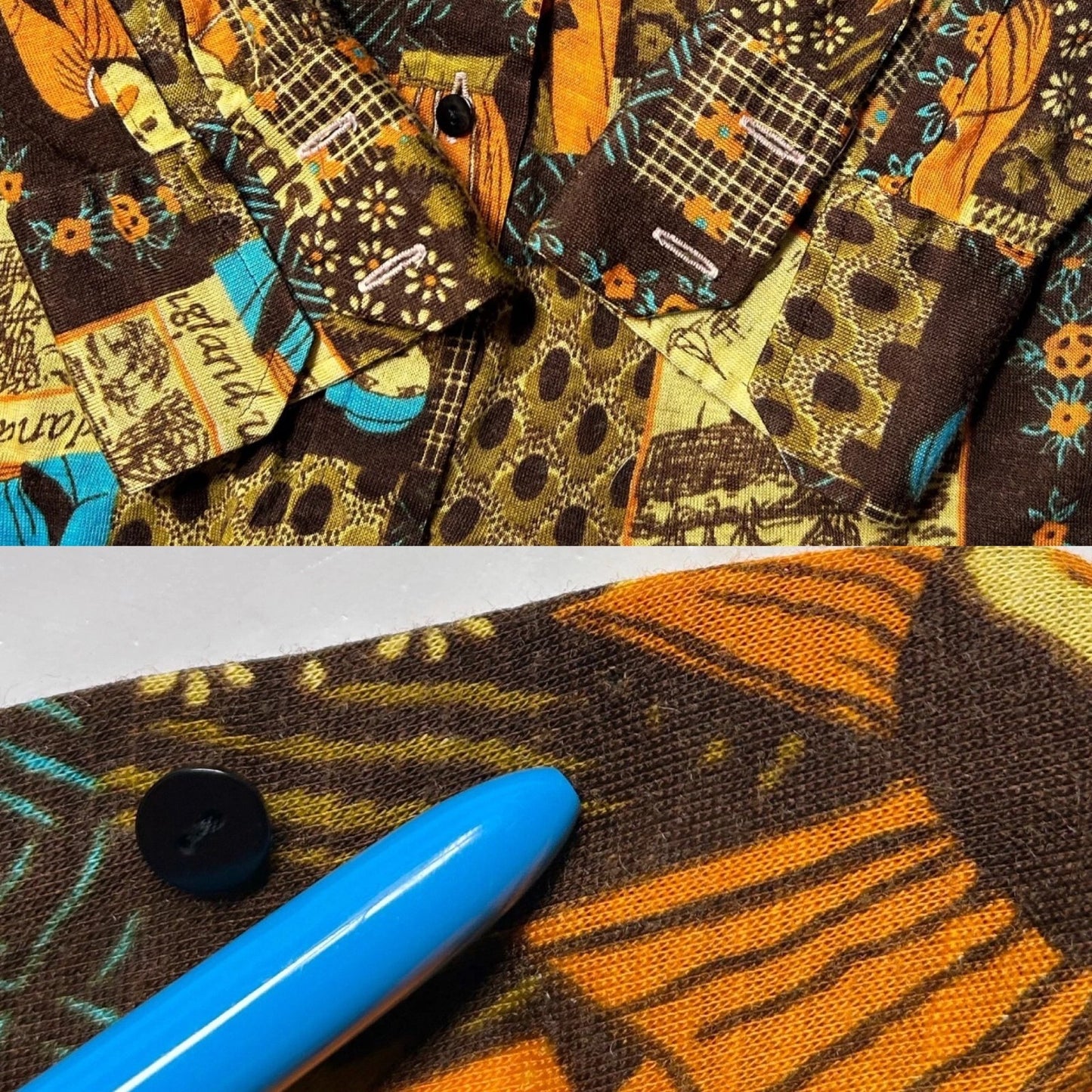 70s Vintage Novelty Print Collage Blouse.