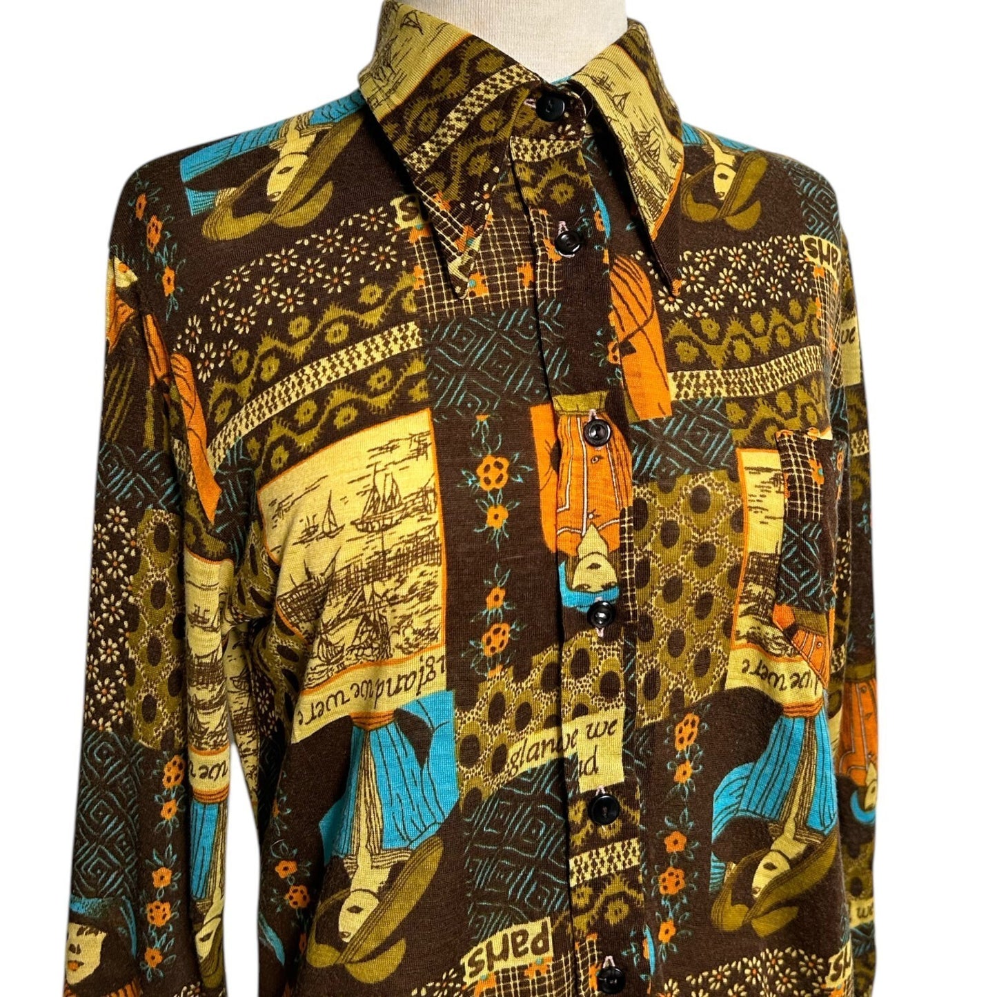 70s Vintage Novelty Print Collage Blouse.