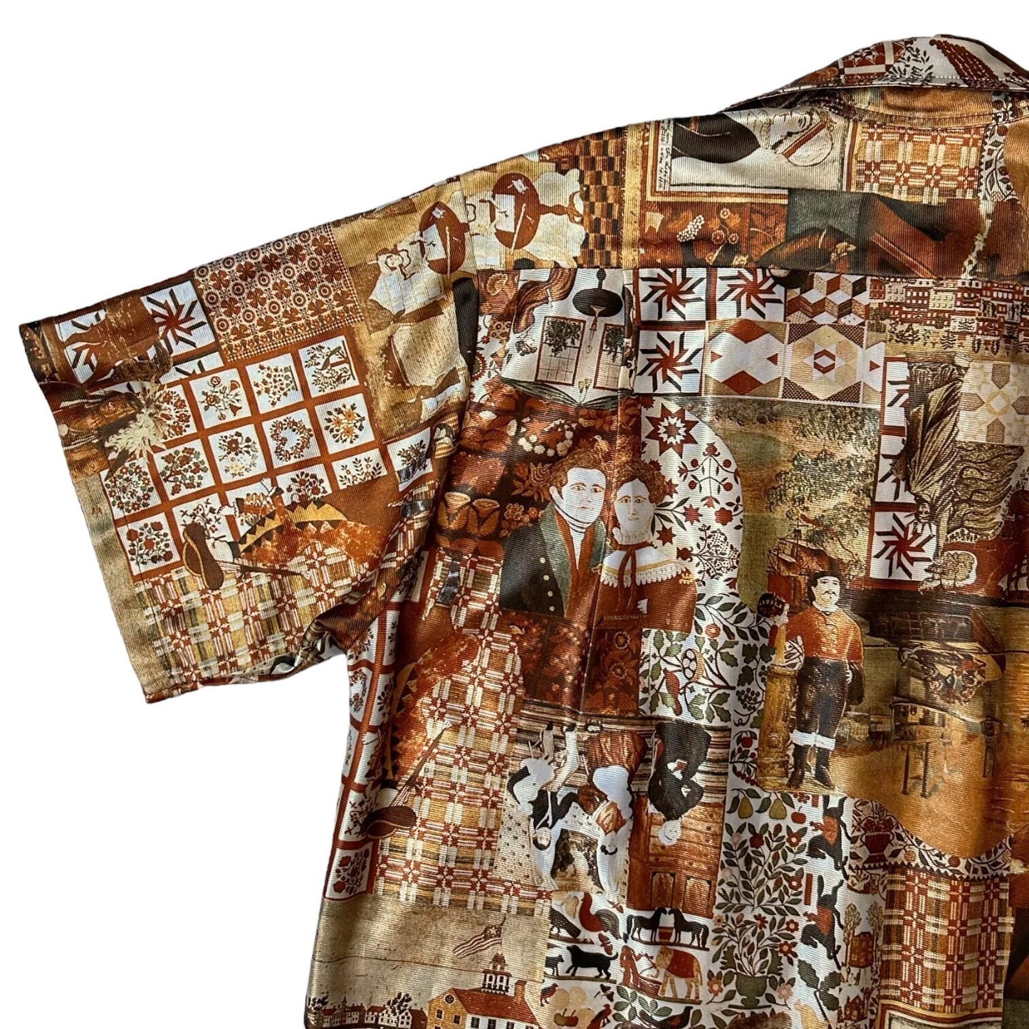 70s Vintage Novelty Print Folk Art Collage Shirt.