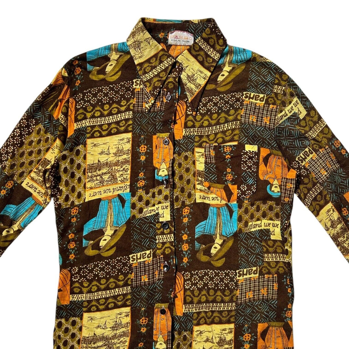 70s Vintage Novelty Print Collage Blouse.