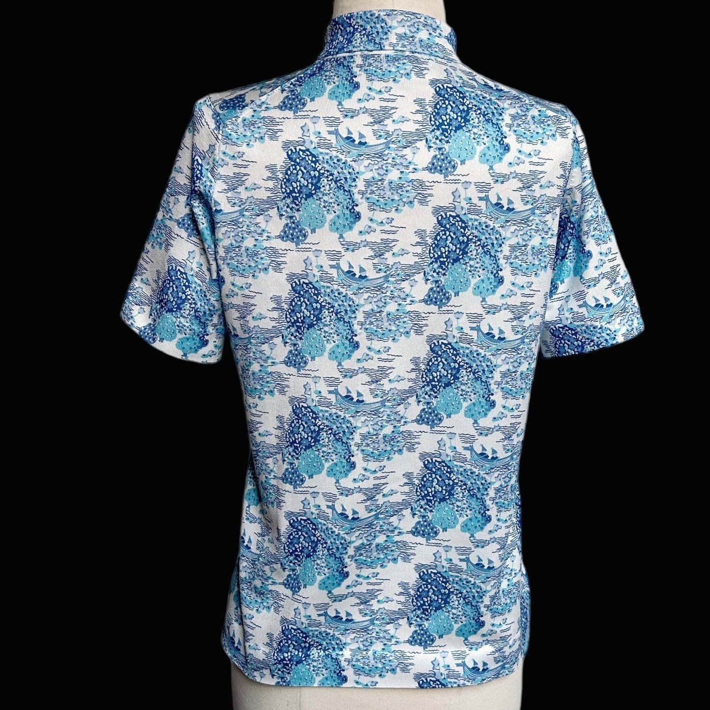 70s vintage water boat novelty print polo shirt pointed collar short sleeve.