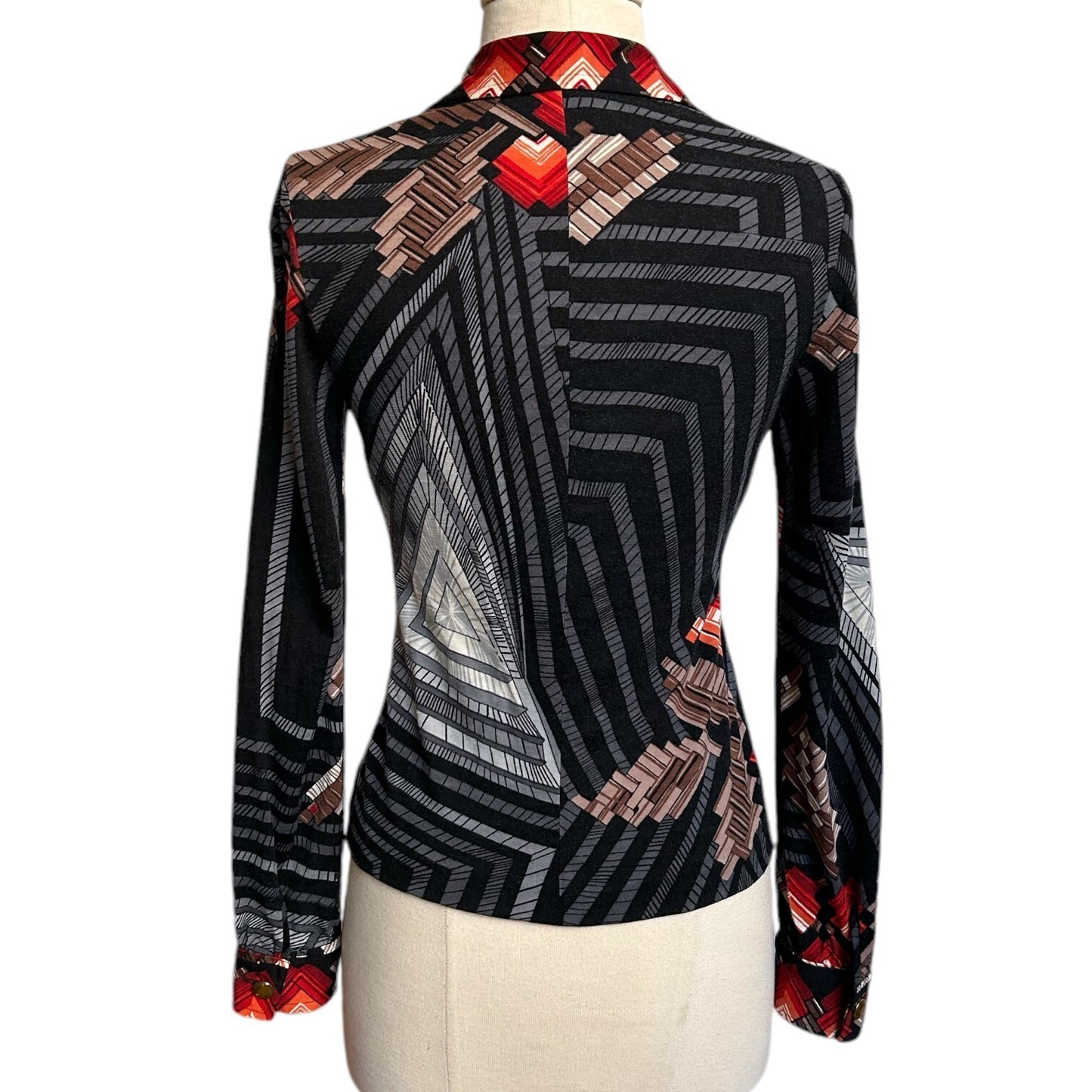 70s vintage geometric print wool blouse Faber futurist art pattern Italy.